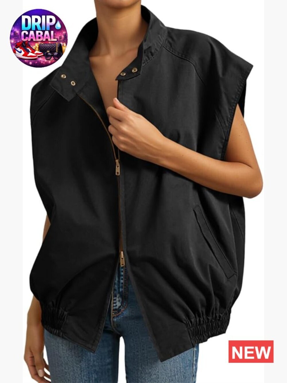 Zip Up Cap Sleeve Stand Collar Military Vest Jacket - Lightweight